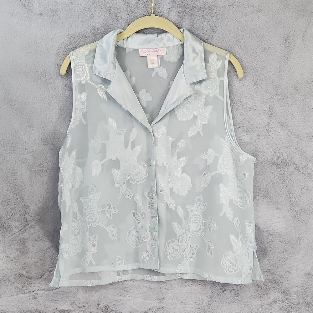Oscar de la Renta Pink Label Sheer Floral Blouse Sleeveless Button Front Size L